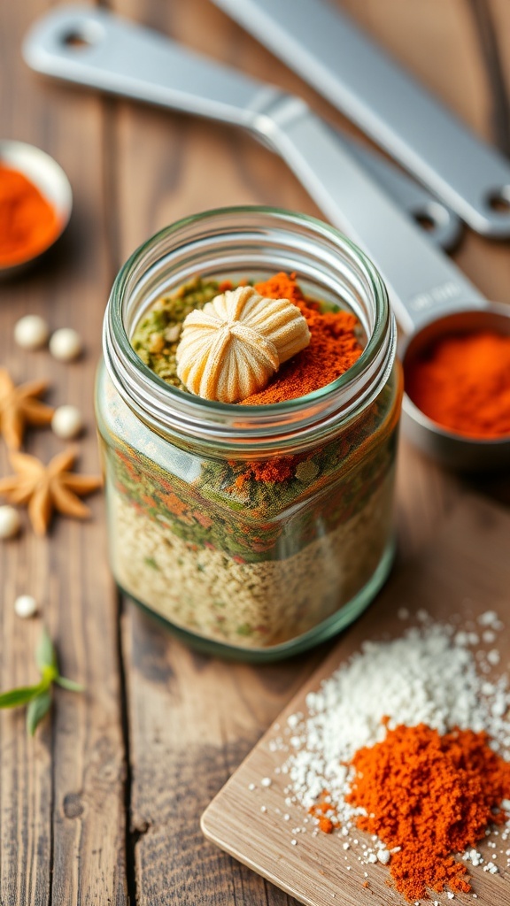 A jar of 99x seasoning mix with colorful spices on a wooden table.